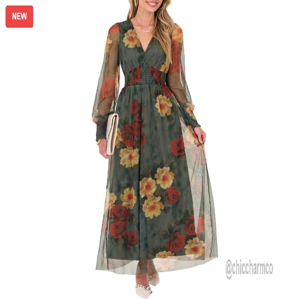Flowy Maxi Dress with Puff Sleeves V-Neck Long Sleeve Wedding Guest - Picture 1 of 8